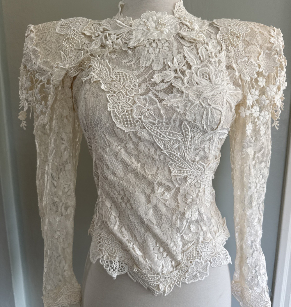 Vintage 70s/80s Lorrie Kabala Lace Blouse Ivory Victorian Romantic Puff Sleeve